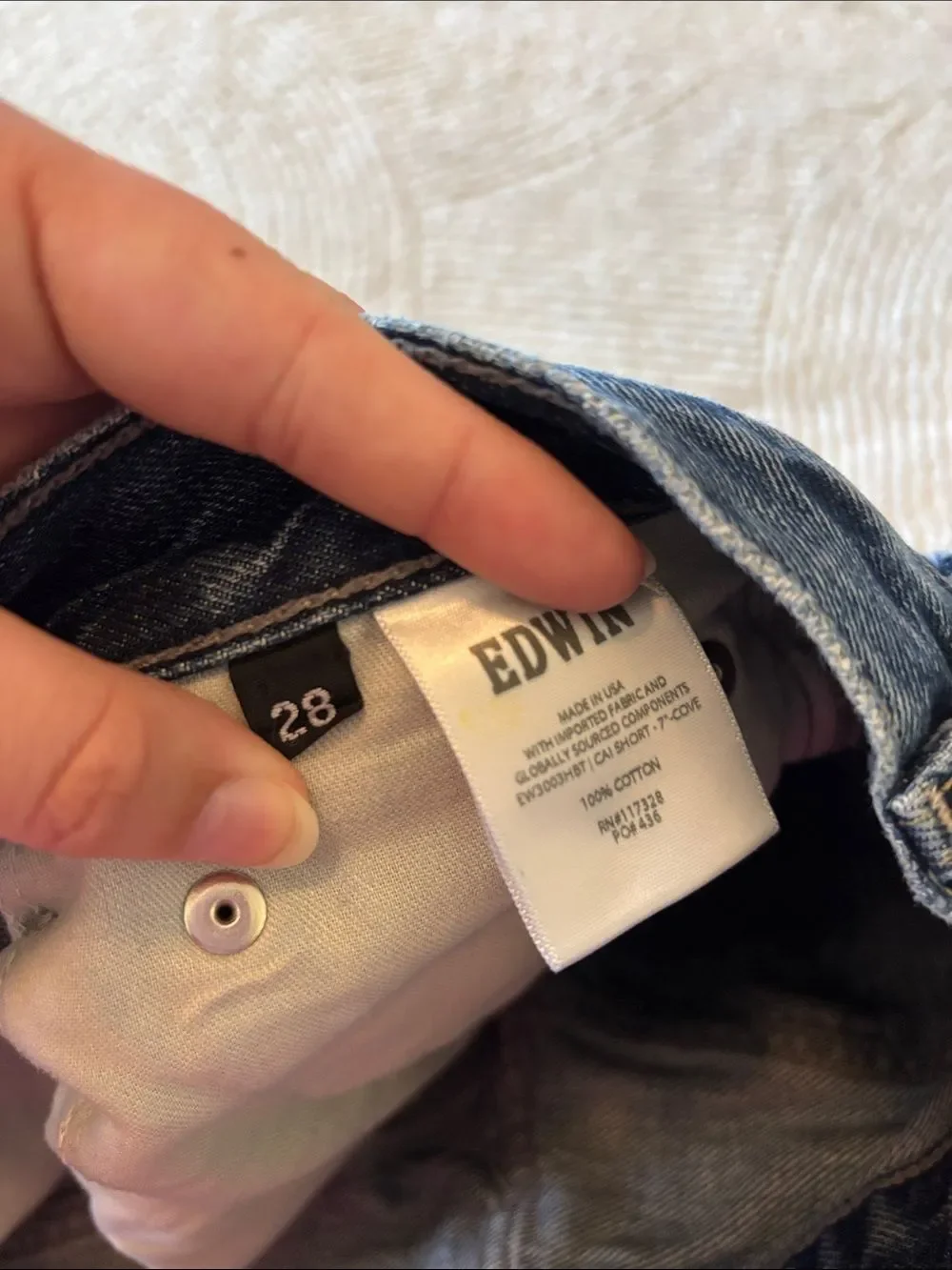 Edwin Dark Blue Denim Cutoff Shorts with Frayed Hem